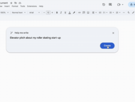 Google Docs smart compose tool generating an elevator pitch with AI assistance.